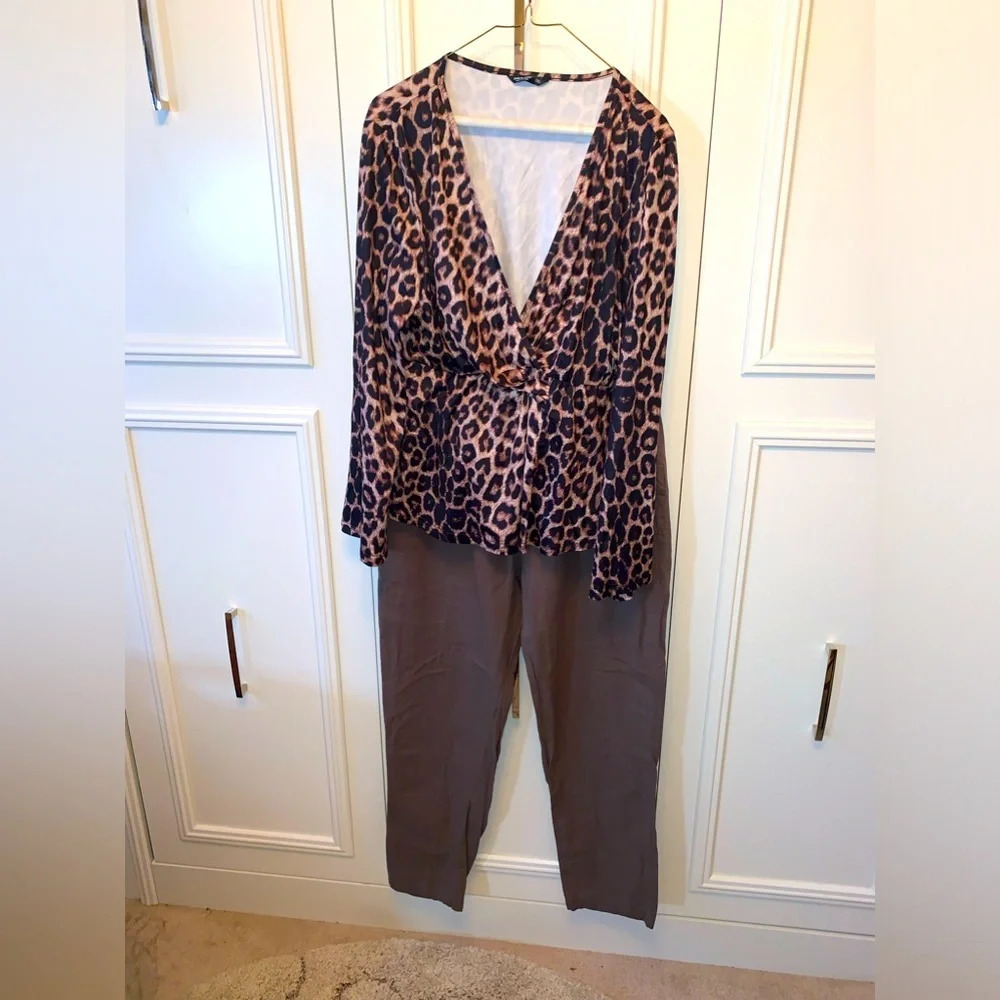 SHEIN Brown and Black Leopard Print Wrap Blouse